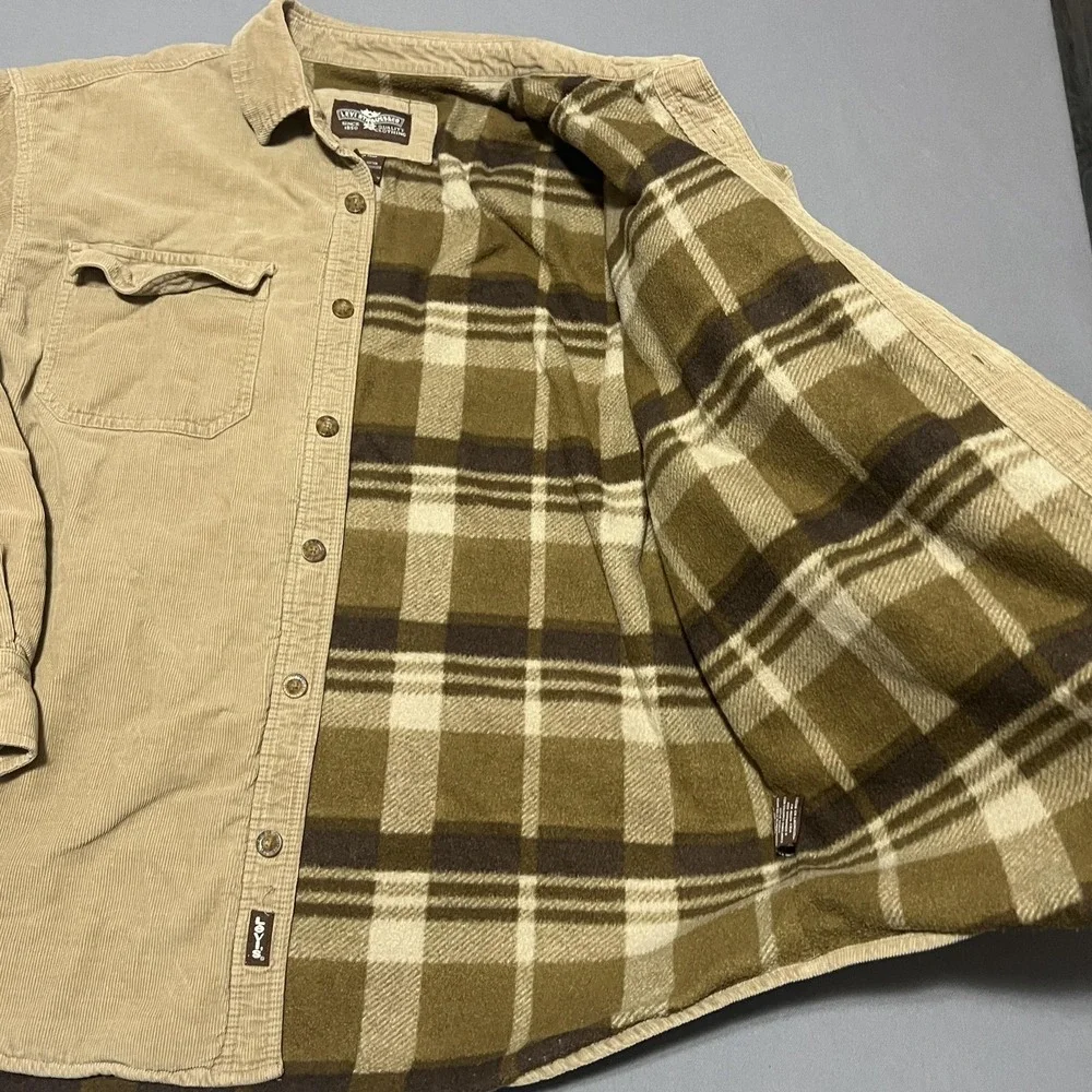 Levi's‎ Bomber Jacket Mens Large Beige Corduroy Plaid Lined Button Front